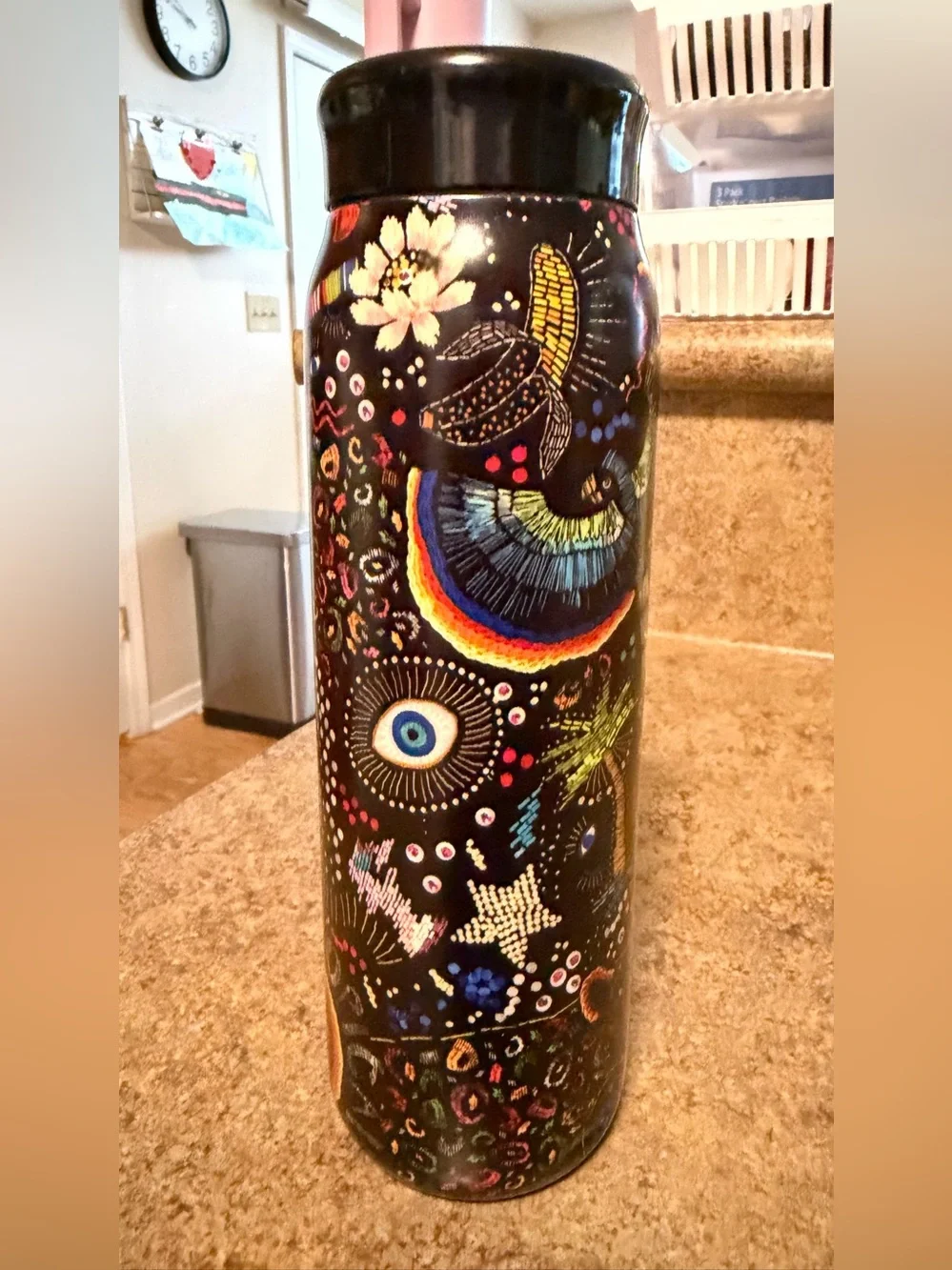 Starbucks Black Water Bottle with Colorful Cosmic Print